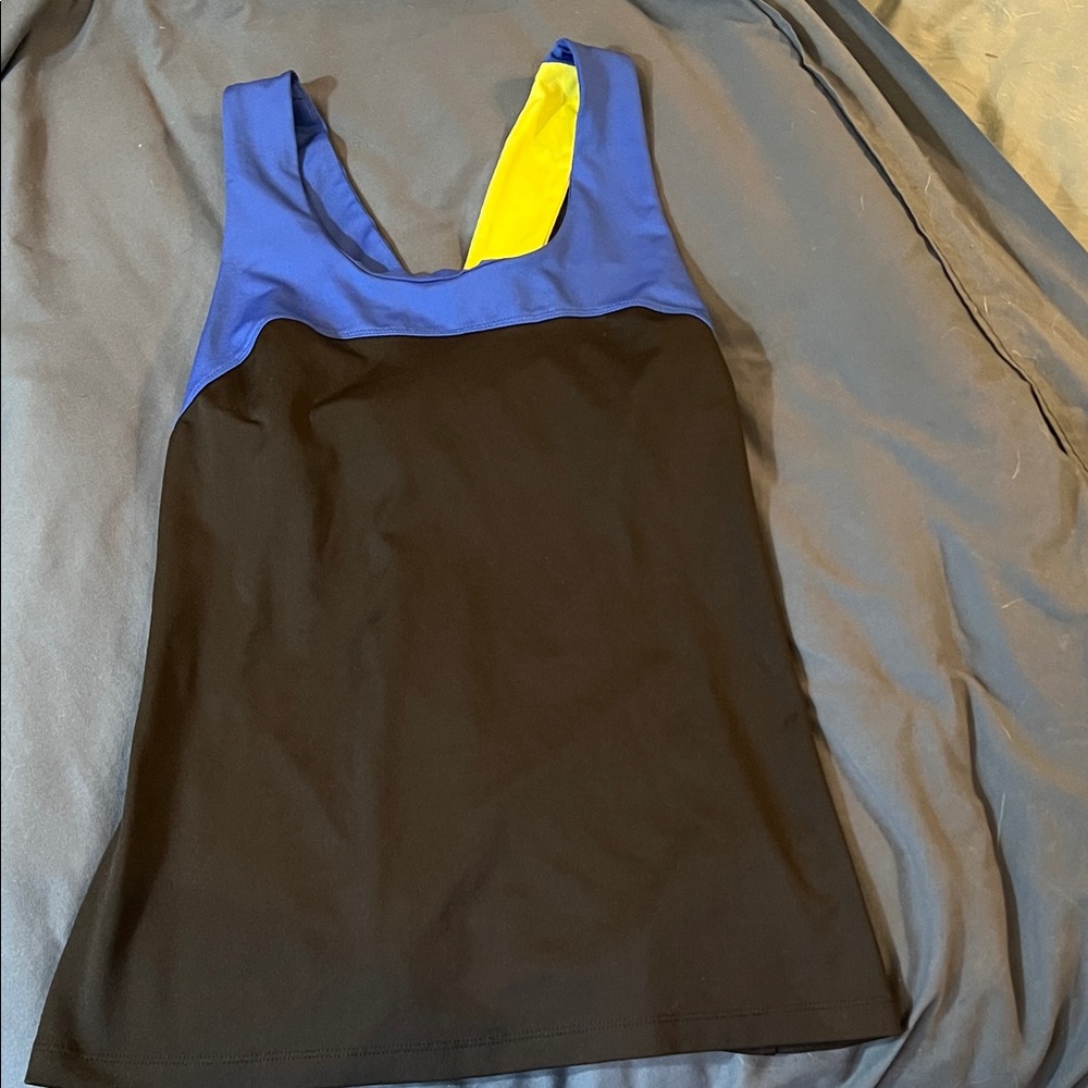 Colorblock Sleeveless Top, 1.5” wide crisscross straps, black, blue, yellow